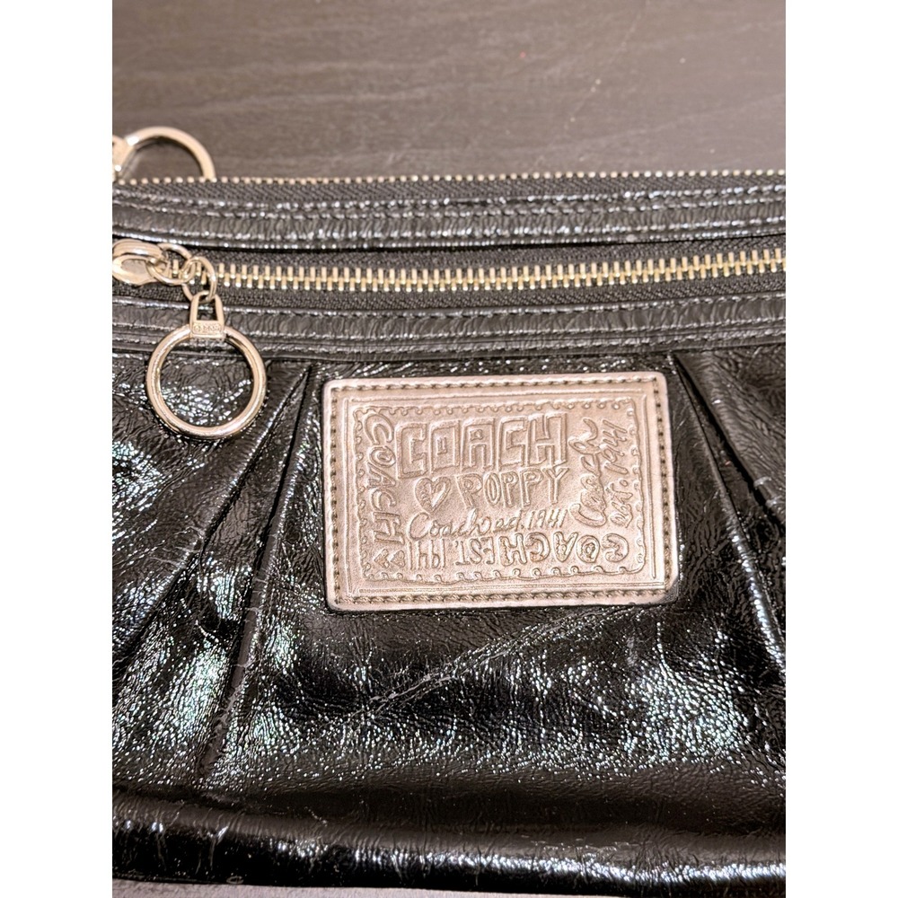 Coach Poppy Black Liquid Patent Leather Crossbody Bag Leopard Print Lining *READ - Picture 2 of 9
